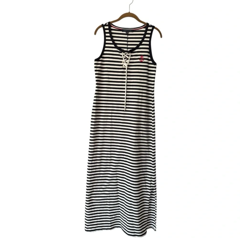 Tommy Hilfiger Navy Blue White Striped Maxi Dress Tank Dress Cotton Nautical Sm